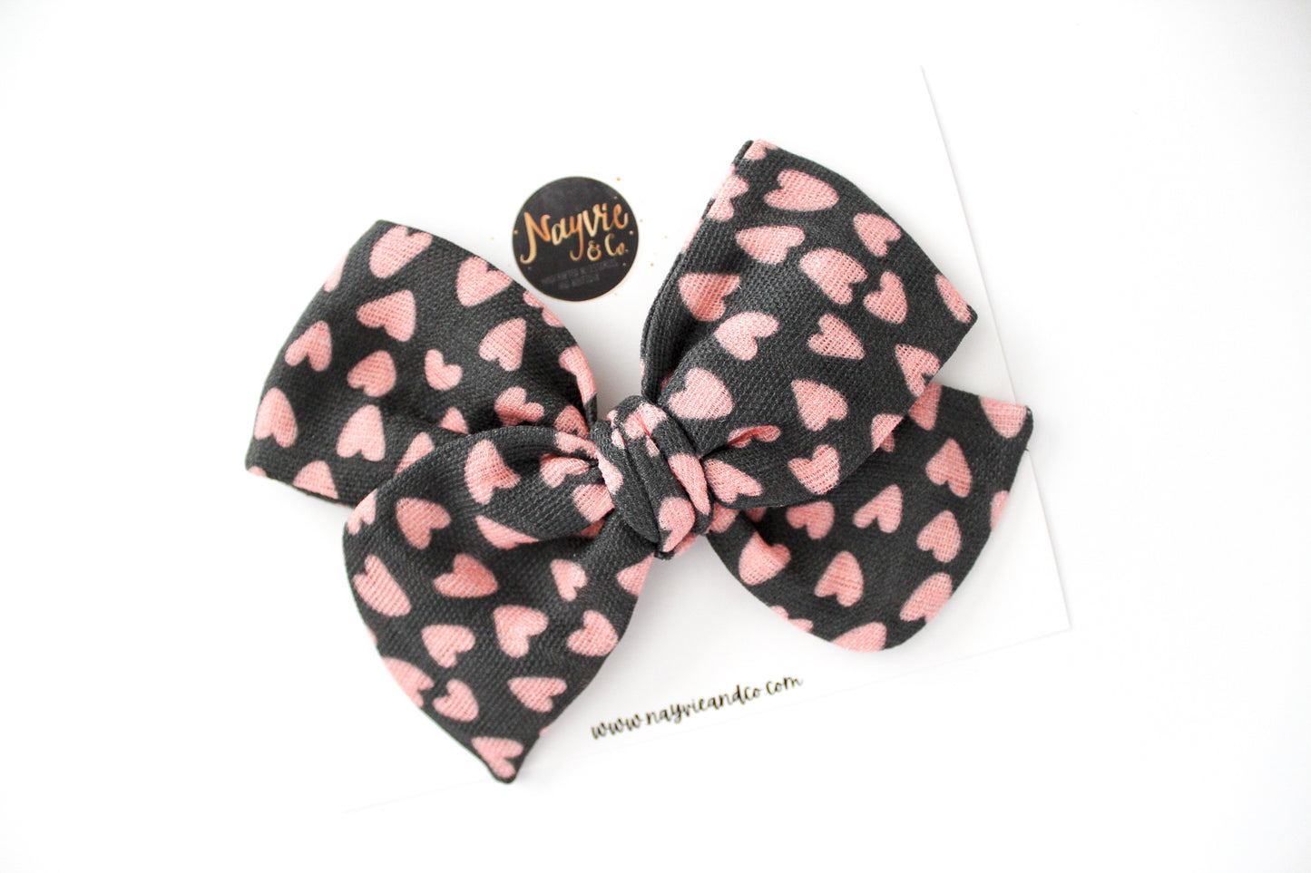 Pink Hearts on Black Gauze Hand-tied Bow