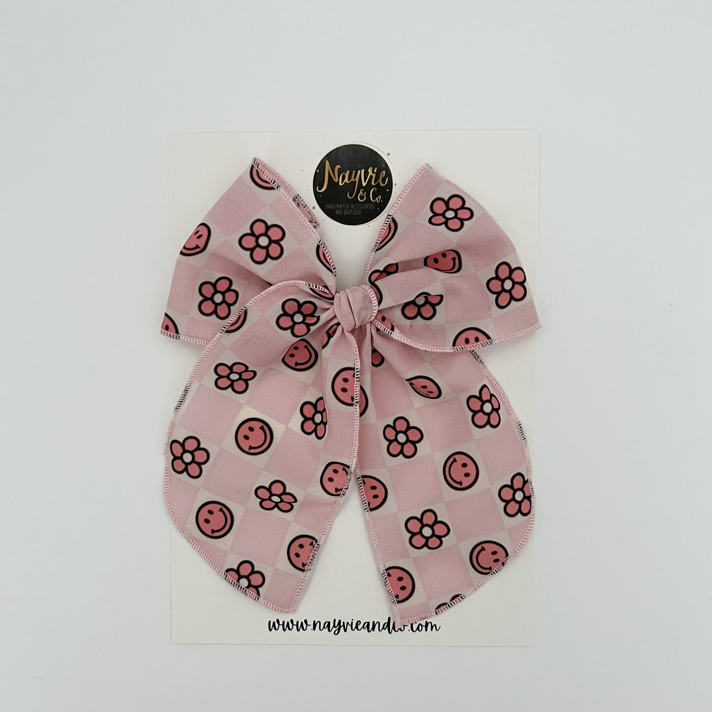 Pink Smiley Daisy Check Fable Bow